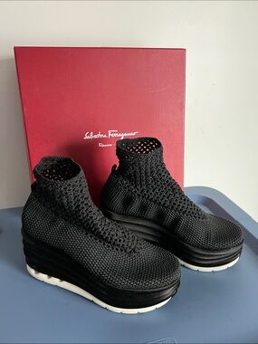Salvatore Ferragamo edgar wedge sneakers heels black woven material 7 C